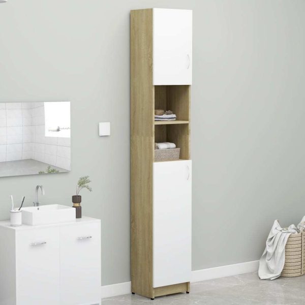 Bathroom Cabinet 32×25.5×190 cm Engineered Wood – White and Sonoma Oak