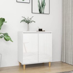 Sideboard with Solid Wood Legs 60x35x70 cm Engineered Wood – High Gloss White