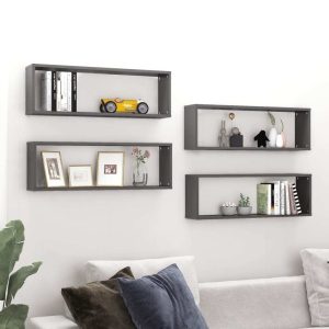 Wall Cube Shelves 4 pcs – 80x15x26.5 cm, High Gloss Grey
