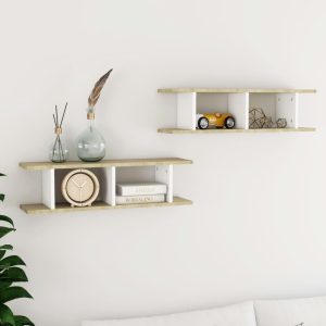 Wall Shelves 2 pcs Engineered Wood – 78x18x20 cm, White and Sonoma Oak