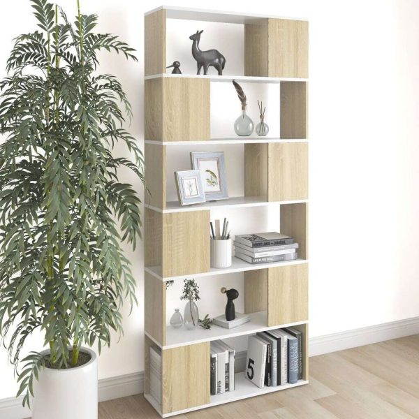 Sullivan Book Cabinet Room Divider 80x24x186 cm Engineered Wood – White and Sonoma Oak