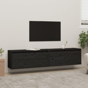 Wall Cabinet 80x30x35 cm Solid Wood Pine – Black, 2