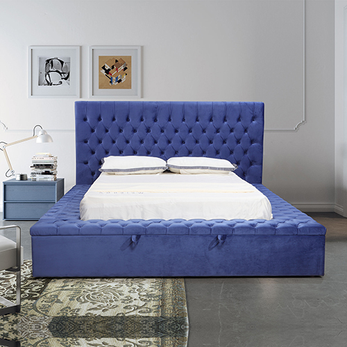 Dalton Queen Size Bed Frame Velvet Upholstery Deep Blue Colour Tufted Headboard Deep Quilting