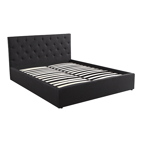 Gilgai Gas Lift Queen Size Storage Bed Frame Upholstery Fabric in Black Colour with Tufted Headboard