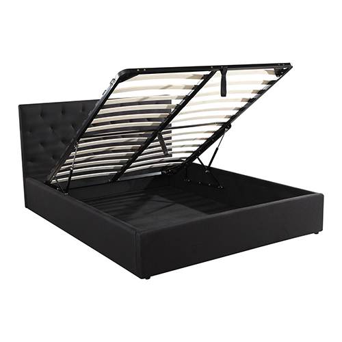 Gilgai Gas Lift Queen Size Storage Bed Frame Upholstery Fabric in Black Colour with Tufted Headboard