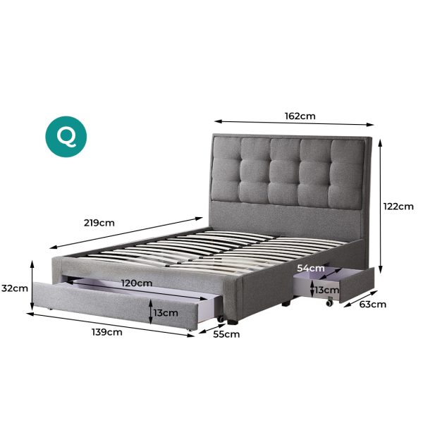 Linden Storage Bed Frame Queen Size Base with Three Drawers Cotton Grey