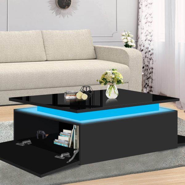 Coffee Table LED Lights High Gloss Storage Drawer Living Room – Black