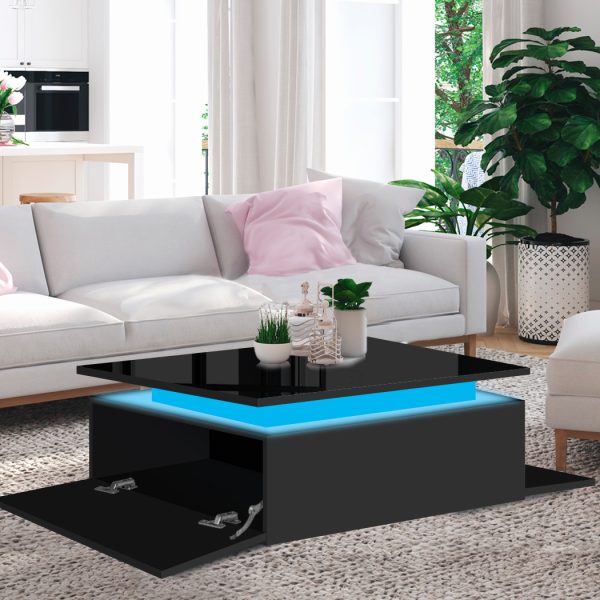 Coffee Table LED Lights High Gloss Storage Drawer Living Room