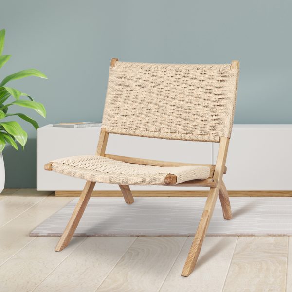 Foldable Single Deck Chair Solid Ash Wood Kraft Rope Paper Woven Seat