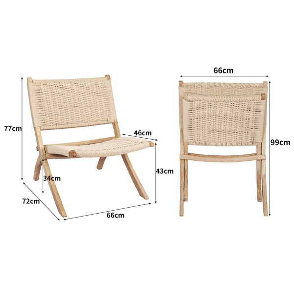 Foldable Single Deck Chair Solid Ash Wood Kraft Rope Paper Woven Seat