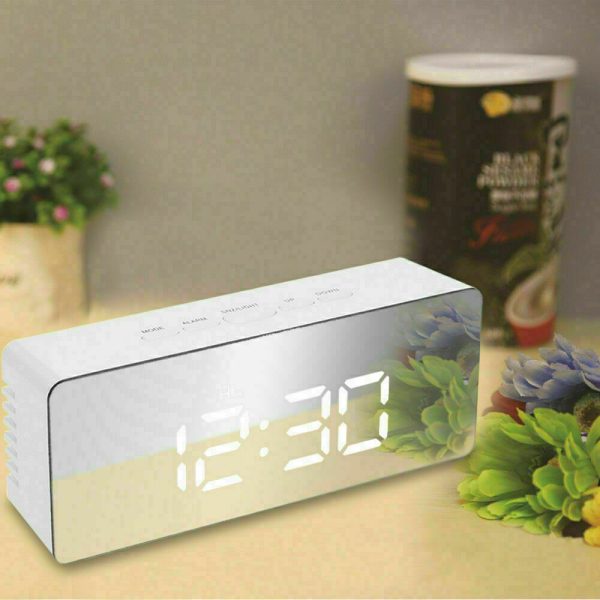 Digital LED Mirror Alarm Clock Temperature LED Light Table Time Bedside Clock AU – White