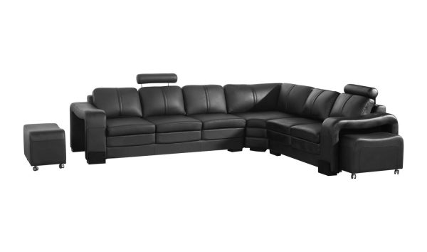 Rudall Lounge Set Luxurious 6 Seater Faux Leather Corner Sofa Living Room Couch in Black with 2x Ottomans