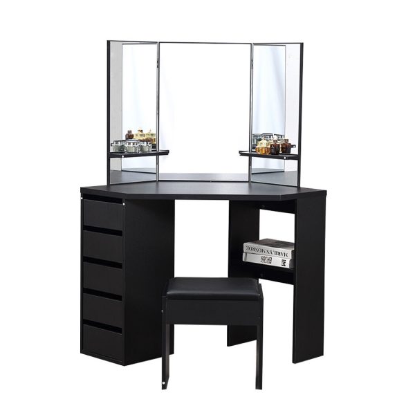 Dressing Table Stool Mirror Jewellery Organiser Makeup Cabinet 5 Drawers – Black