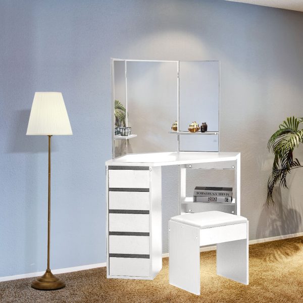 Dressing Table Stool Mirror Jewellery Organiser Makeup Cabinet 5 Drawers – White