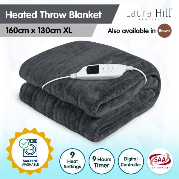 Laura Hill Heated Electric Blanket Throw Rug Coral Warm Fleece – Grey