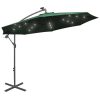 Hanging Parasol with LED Lighting Metal Pole – 300 cm, Green