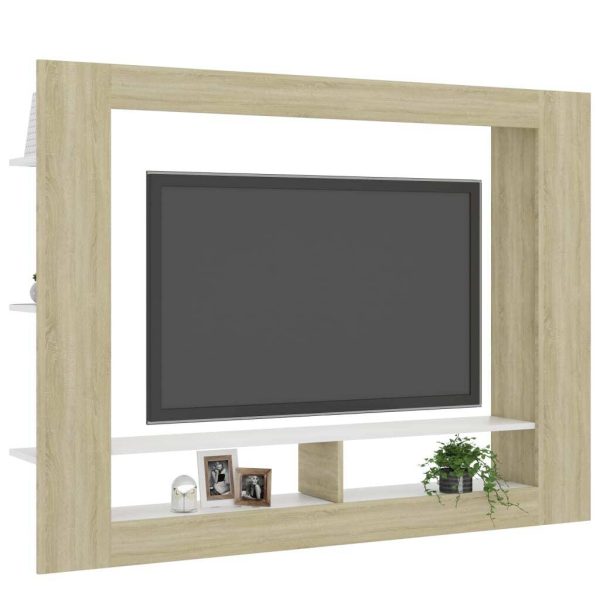 Bremerton TV Cabinet 152x22x113 cm Engineered Wood – White and Sonoma Oak