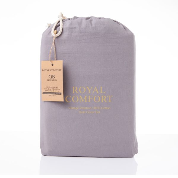 Royal Comfort Vintage Washed 100 % Cotton Quilt Cover Set – SINGLE, Grey