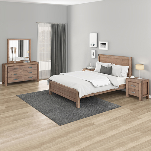 4 Pieces Bedroom Suite in Solid Wood Veneered Acacia Construction Timber Slat Double Size Oak Colour Bed, Bedside Table & Dresser