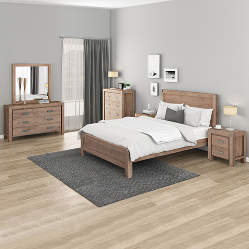 5 Pieces Bedroom Suite in Solid Wood Veneered Acacia Construction Timber Slat King Size Oak Colour Bed, Bedside Table , Tallboy & Dresser