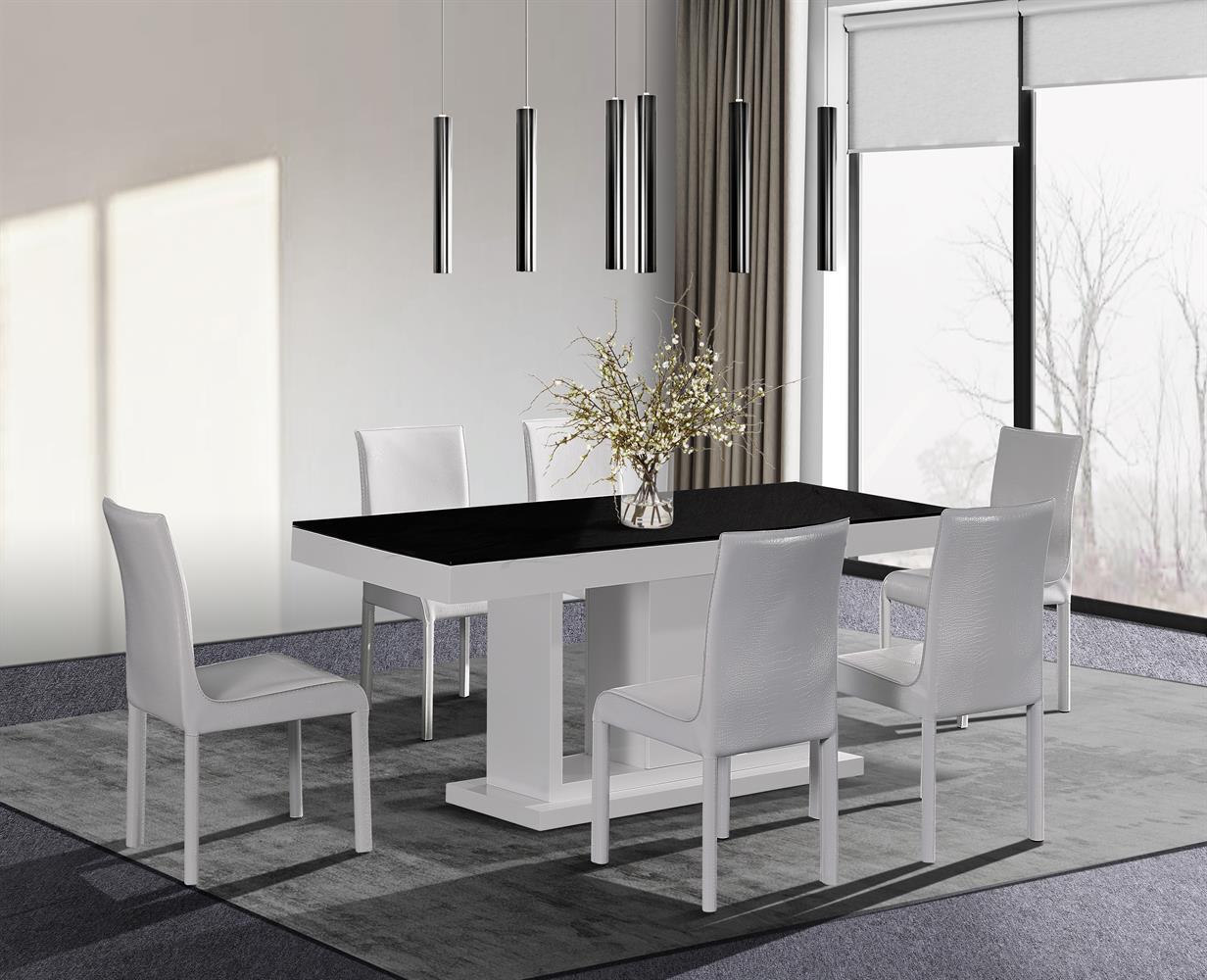 7 Pieces Dining Suite Dining Table & 6X white Chairs in Rectangular Shape High Glossy MDF Wooden Base Combination of Black & White Colour