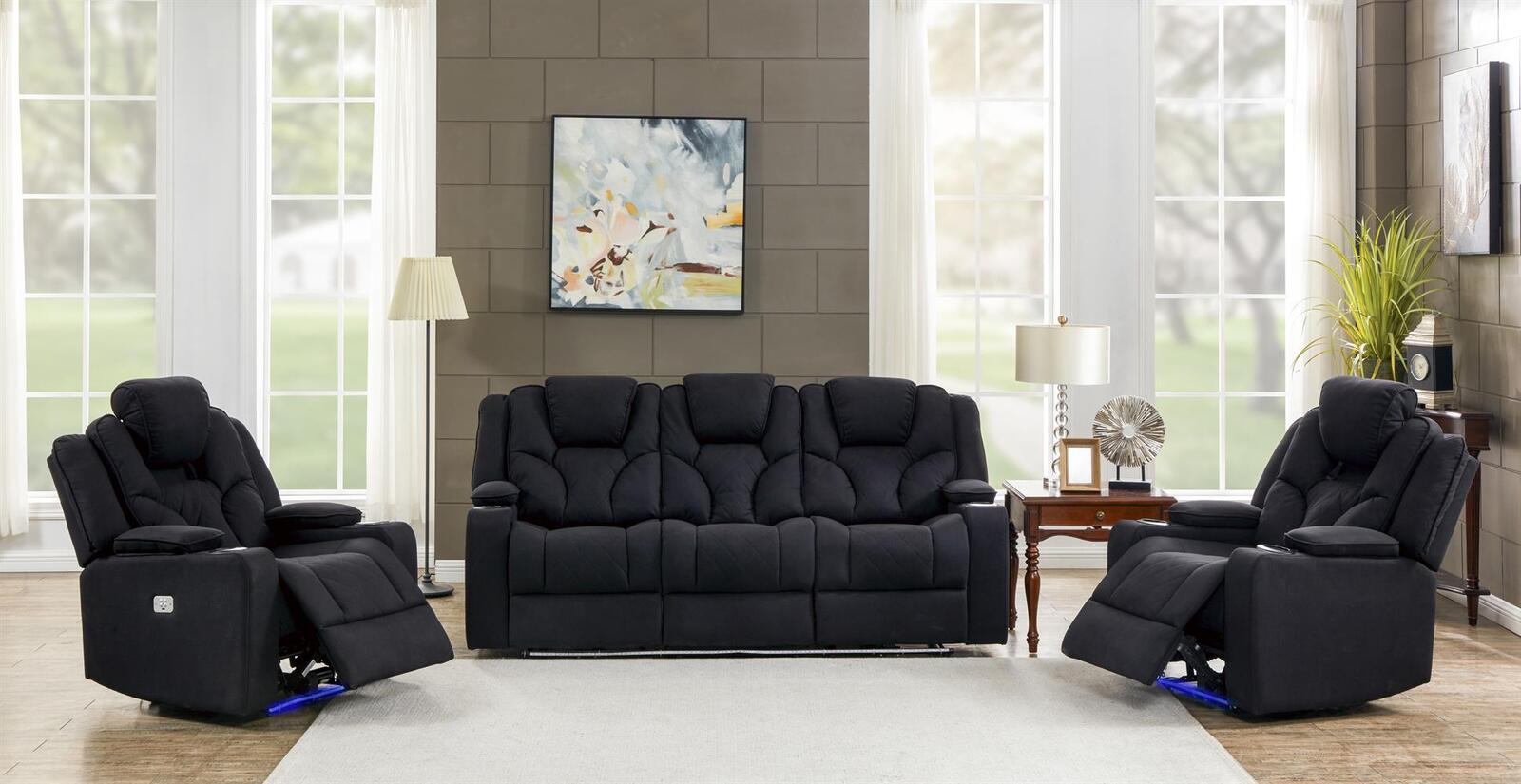 3+1+1 Seater Electric Recliner Stylish Rhino Fabric Black Lounge Armchair with LED Features