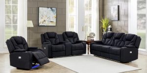 3+2+1 Seater Electric Recliner Stylish Rhino Fabric Black Lounge Armchair with LED Features