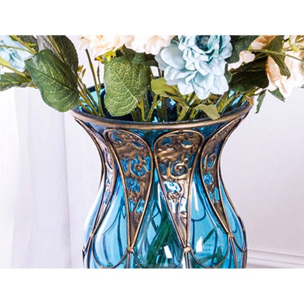 85cm Glass Tall Floor Vase and 12pcs White Artificial Fake Flower Set – Blue