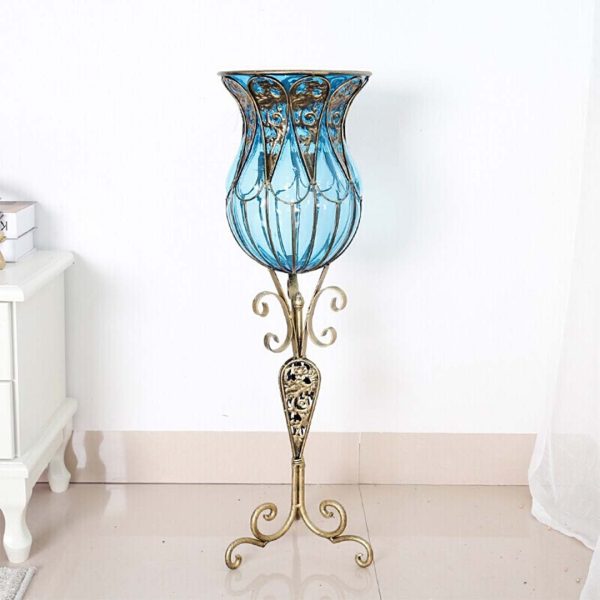 85cm Glass Tall Floor Vase and 12pcs White Artificial Fake Flower Set – Blue