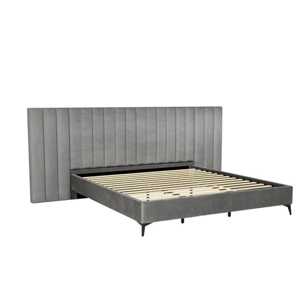 Bed Frame King Size Bed Base w Oversized Headboard Velvet Fabric Grey