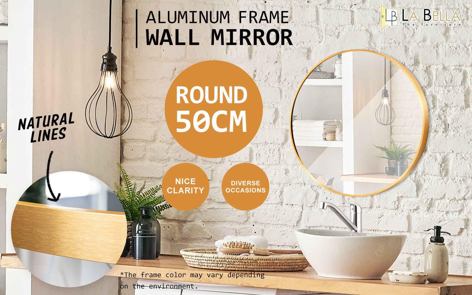 2 Set Wall Mirror Round Aluminum Frame Bathroom 50cm GOLD