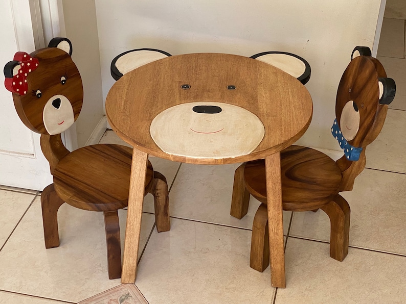 Children’s furniture Set Bear Table and 2 Chairs -natural wood handmade and solid build