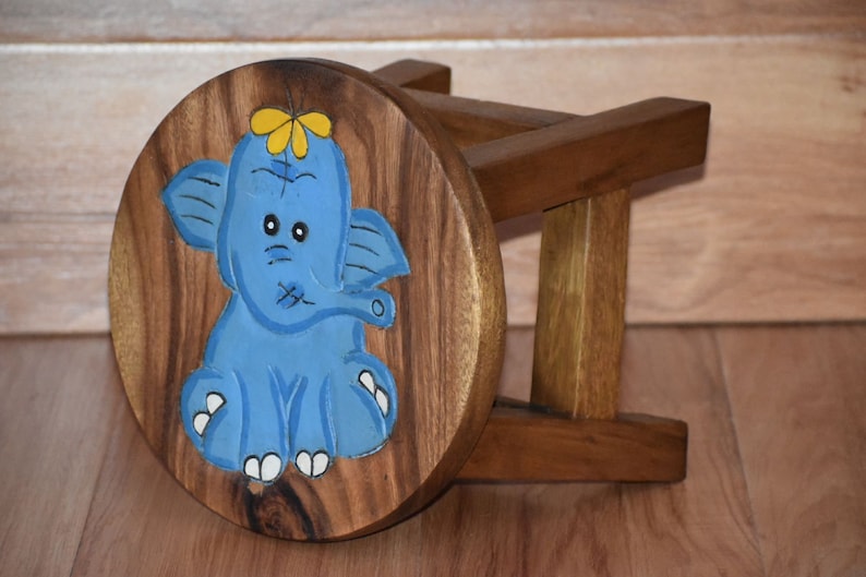 Children’s Wooden Stool Blue Baby ELEPHANT Themed Chair Toddlers Step sitting Stool