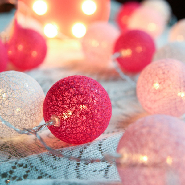 1 Set of 20 LED Pink 5cm Cotton Ball Battery Powered String Lights Christmas Gift Home Wedding Party Girl Bedroom Decoration Outdoor Indoor Table