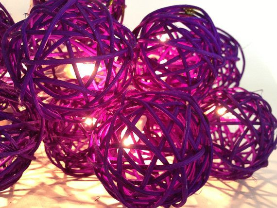 1 Set of 20 LED Cassis Purple 5cm Rattan Cane Ball Battery Powered String Lights Christmas Gift Home Wedding Party Bedroom Decoration Table Centrepiec