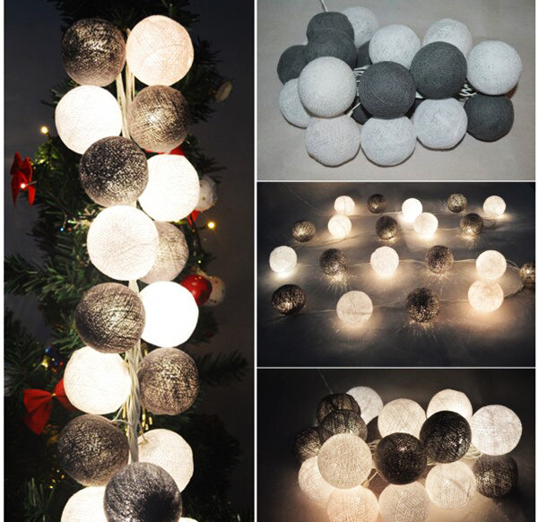 1 Set of 20 LED Black White 5cm Cotton Ball Battery Powered String Lights Xmas Gift Home Wedding Party Bedroom Decoration Outdoor Indoor Table Centrep