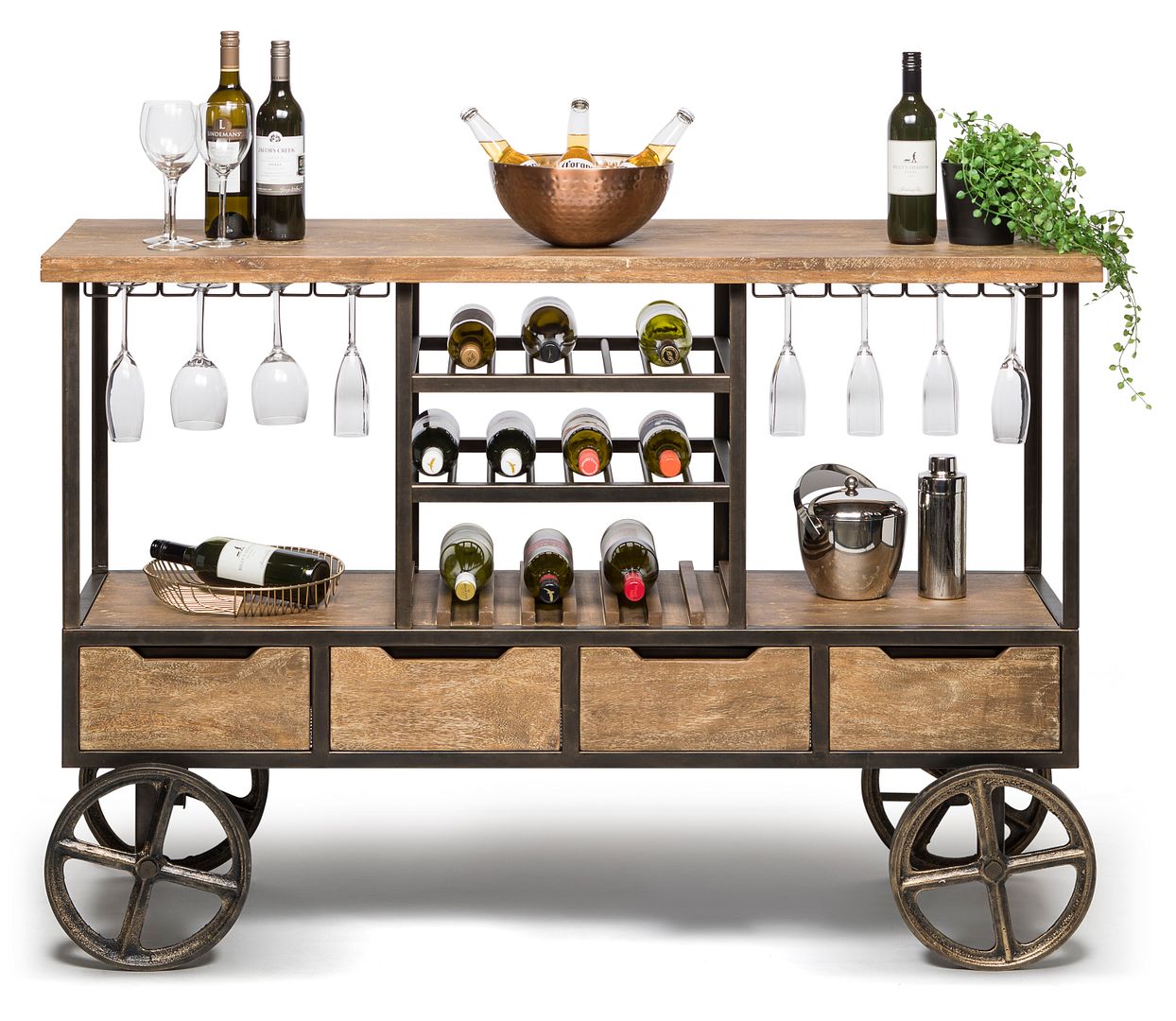 Industrial Style Wooden Bar Cart Drinks Trolley Station with Wine Bottle Rack