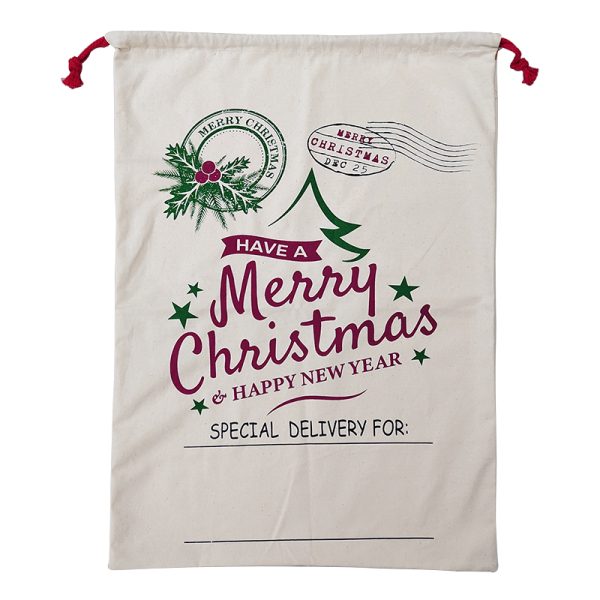 50x70cm Canvas Hessian Christmas Santa Sack Xmas Stocking Reindeer Kids Gift Bag, Cream – Happy New Year