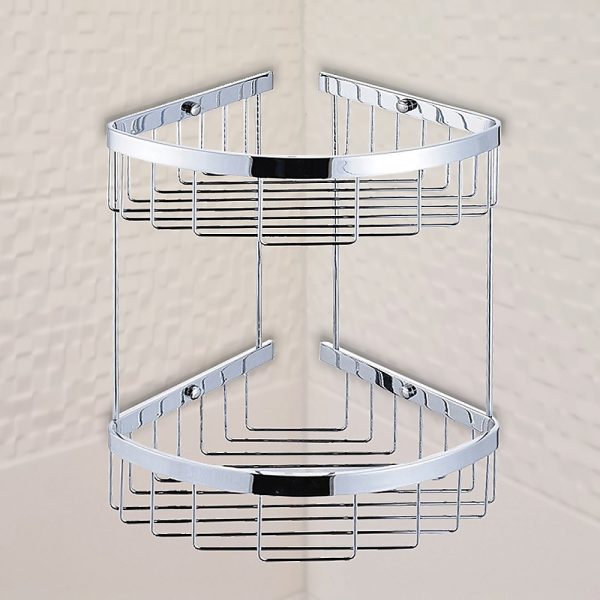 2-Tier Corner Bathroom Basket Shelf Rail Rack