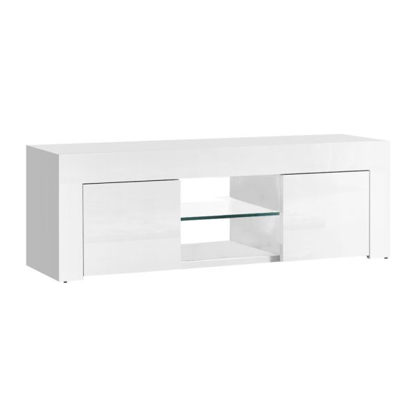 130cm High Gloss TV Stand Entertainment Unit Storage Cabinet Tempered Glass Shelf White