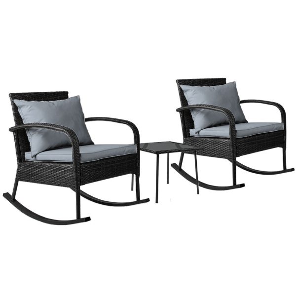 3PC Rocking Chair Table Wicker Outdoor Furniture Patio Bistro Set Black